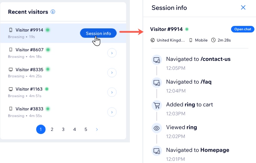 Wix Real-time Analytics: danh sách khách đang truy cập và session info
